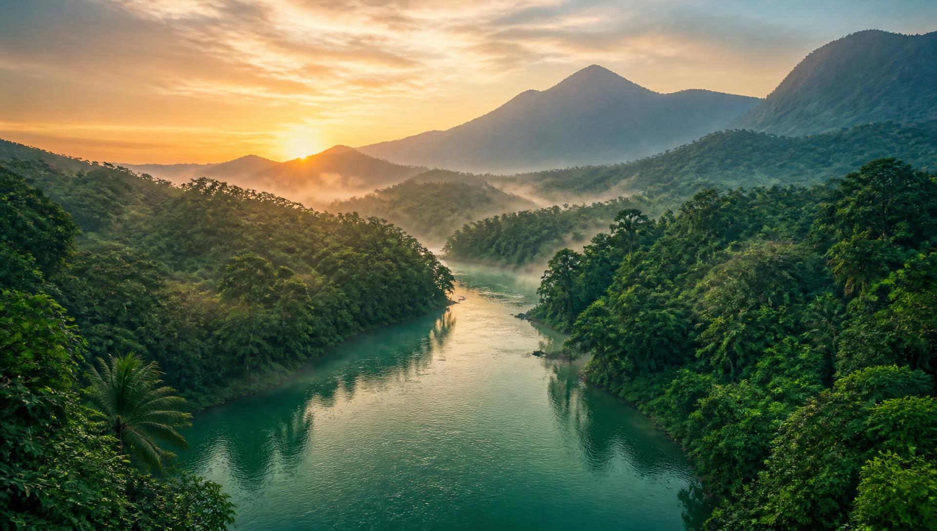 Emerald river winding through the rainforest valley
