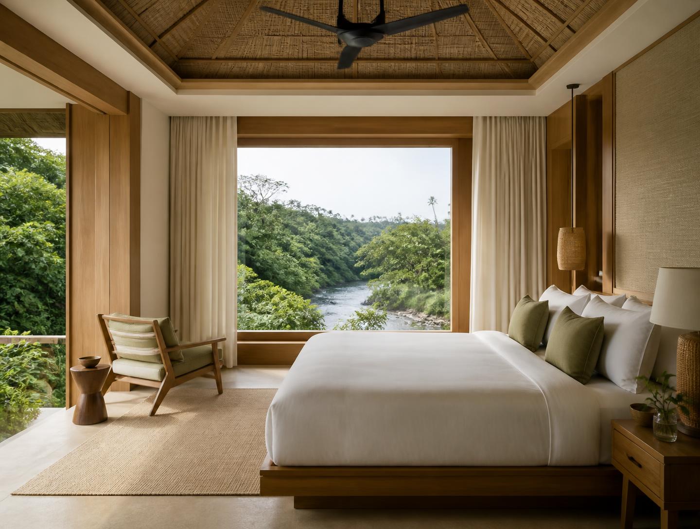 Bedroom with a window over the river