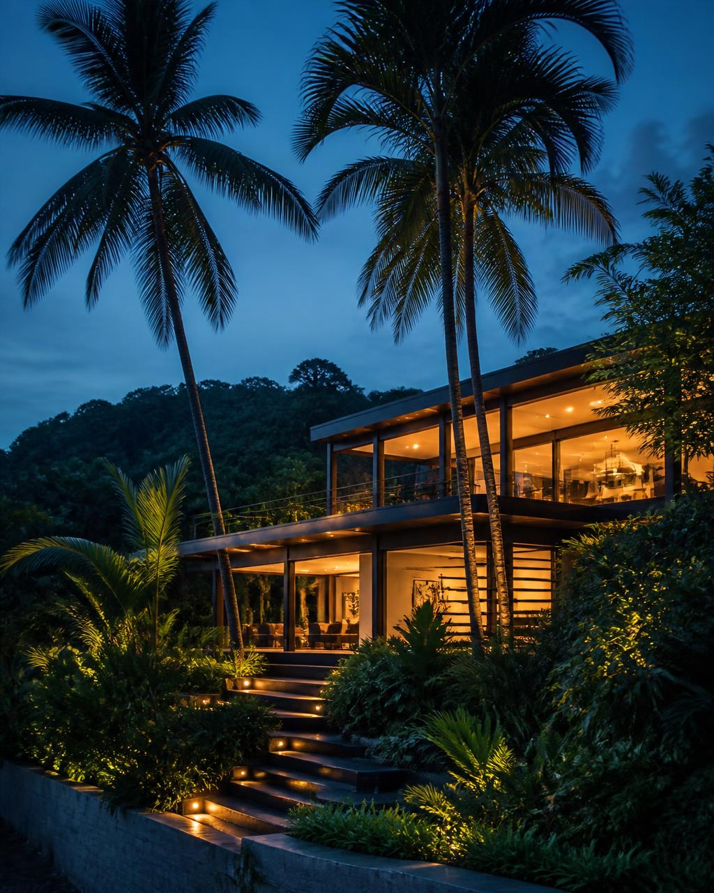 River View Villa glowing at dusk