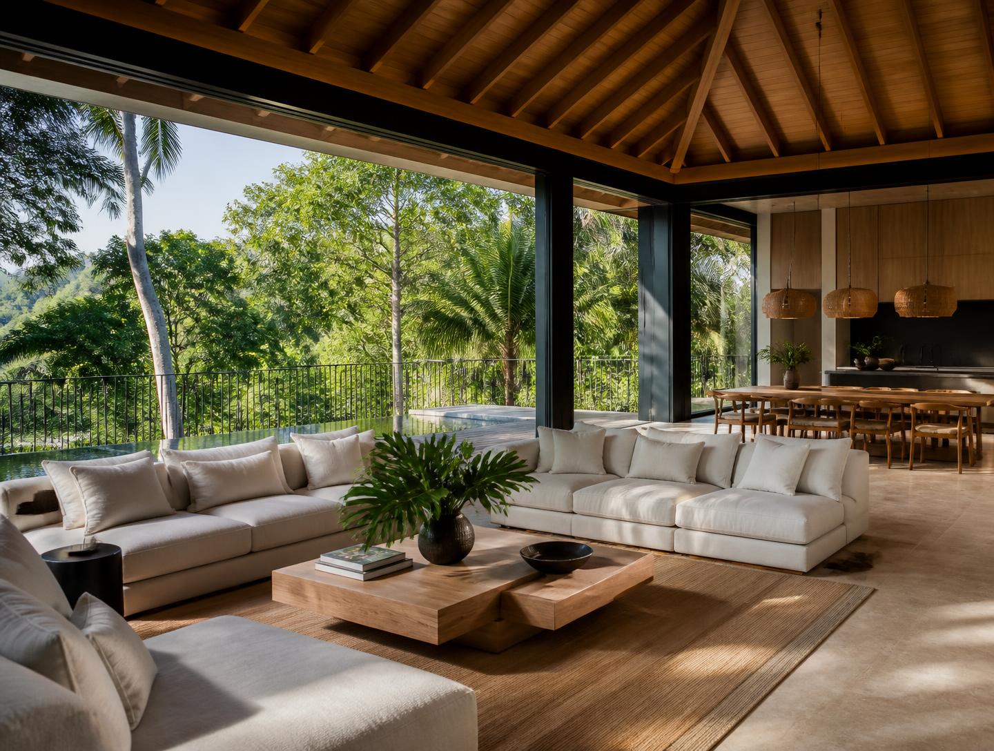 Open-plan living space opening to the rainforest